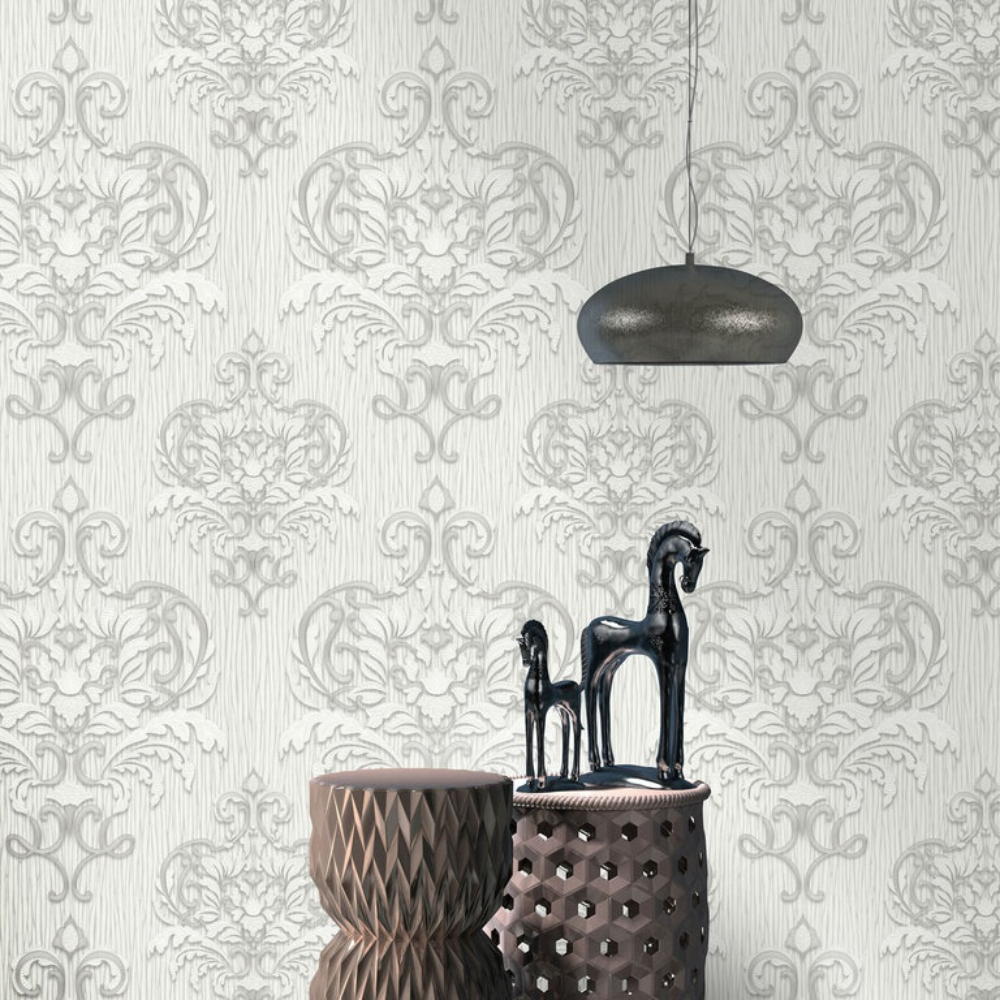Spotlight Damask White & Grey Vinyl Wallpaper 1010231 1010231
